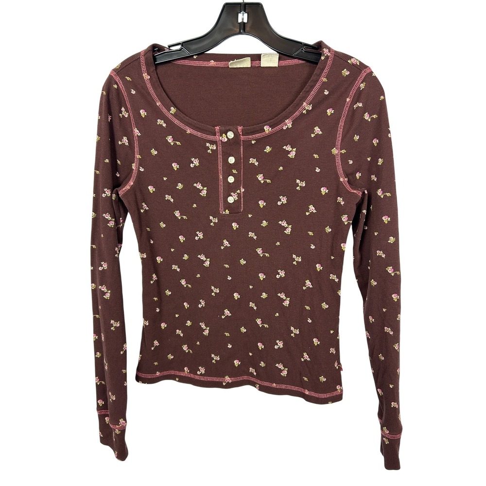 Levi's Brown Floral Ribbed Henley Top Pink Contrast Stitch Cottagecore Small